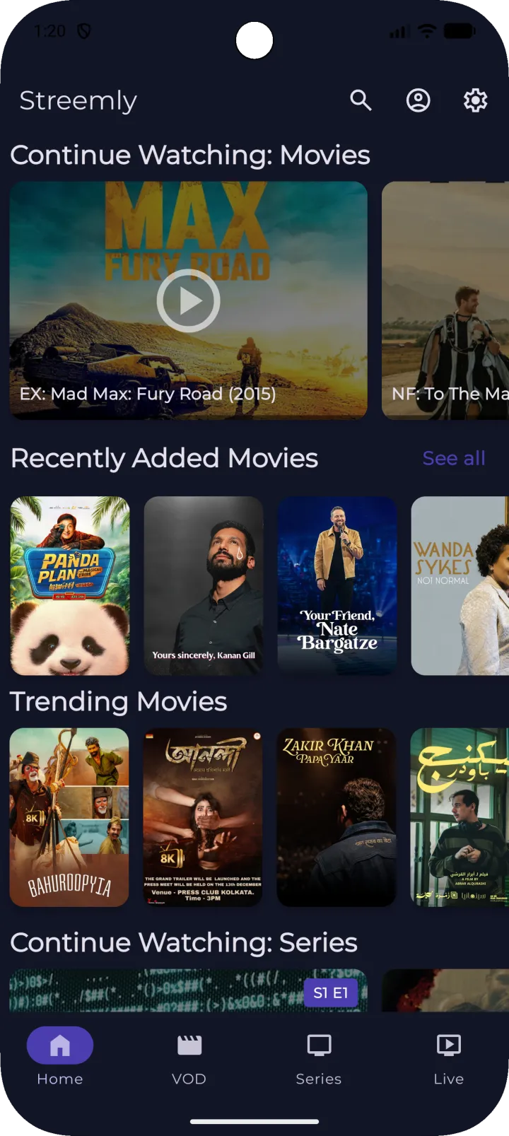 Streemly home screen with continue watching and featured content
