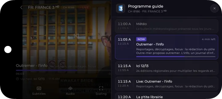 The live TV player on a phone, showing what's on now and next