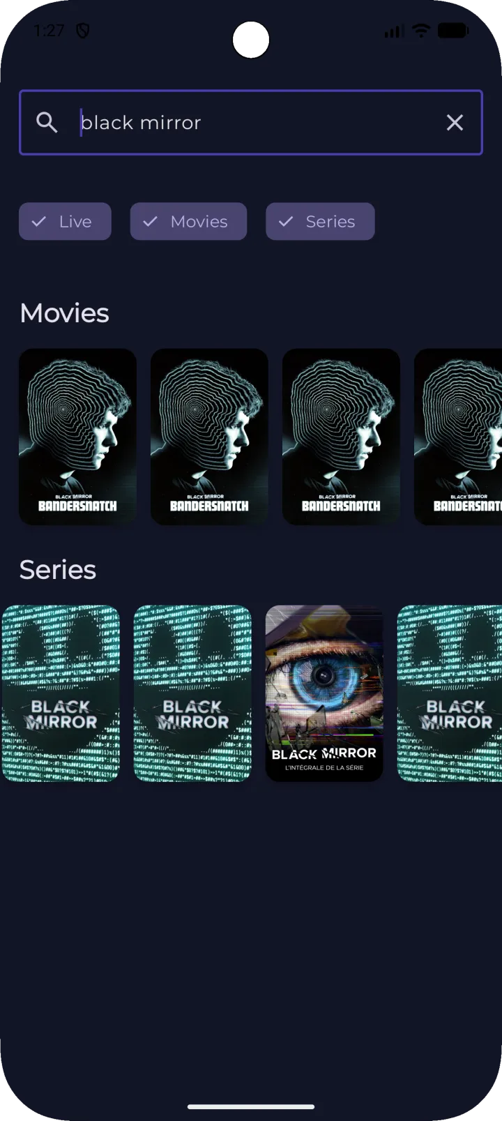 Search results across channels, movies and series